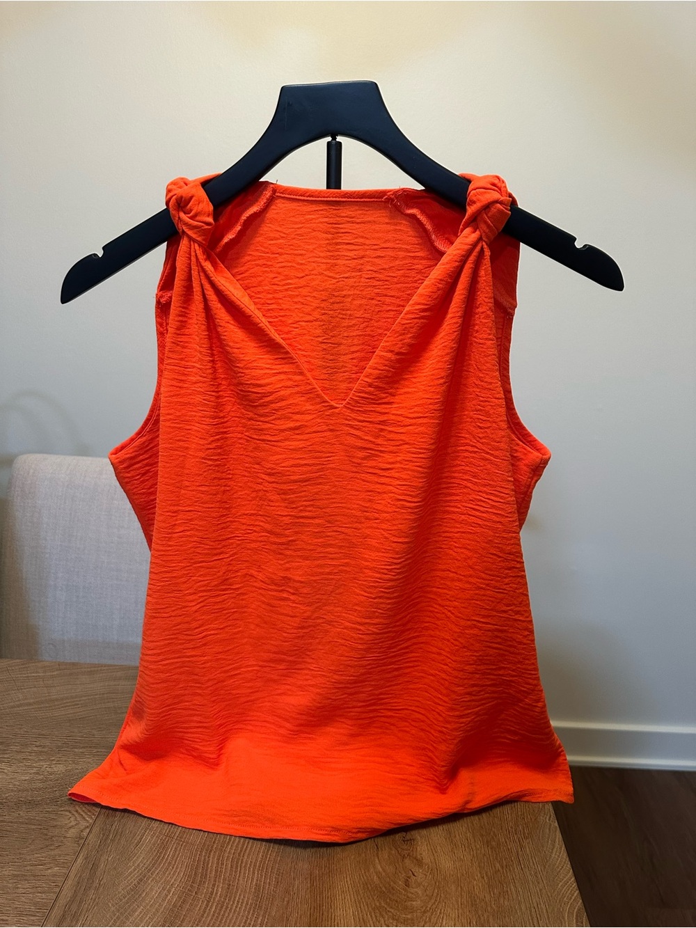 Sleeveless Knot-Shoulder V-Neck Top in Bright Orange